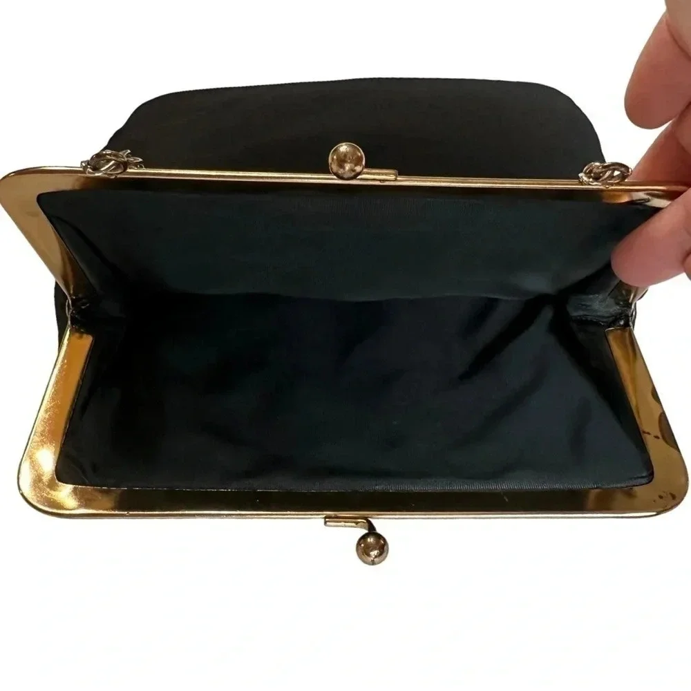 Vintage Handbag and Gloves Set OS Black Velvet‎ Gold Chain Kiss Lock Embroidered